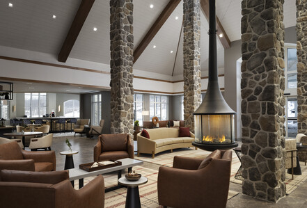 a room with a fireplace and couches